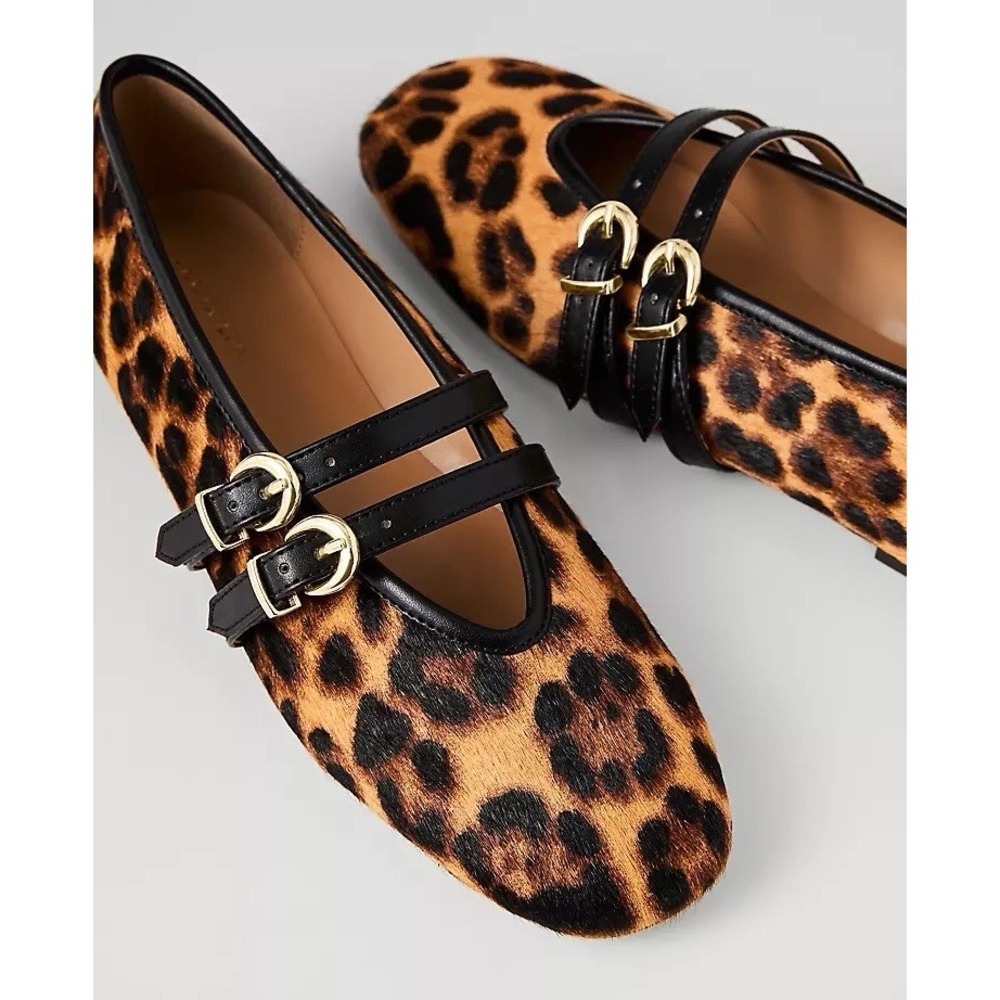 ANN TAYLOR Buckled Calf Hair Leopard Animal Print Ballet Flats 8M Brown Leather